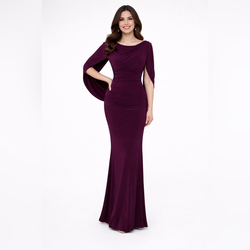 Betsy & Adam NWT Plum Wine Cape Sleeve Jersey Gown Size 20W Formal Evening